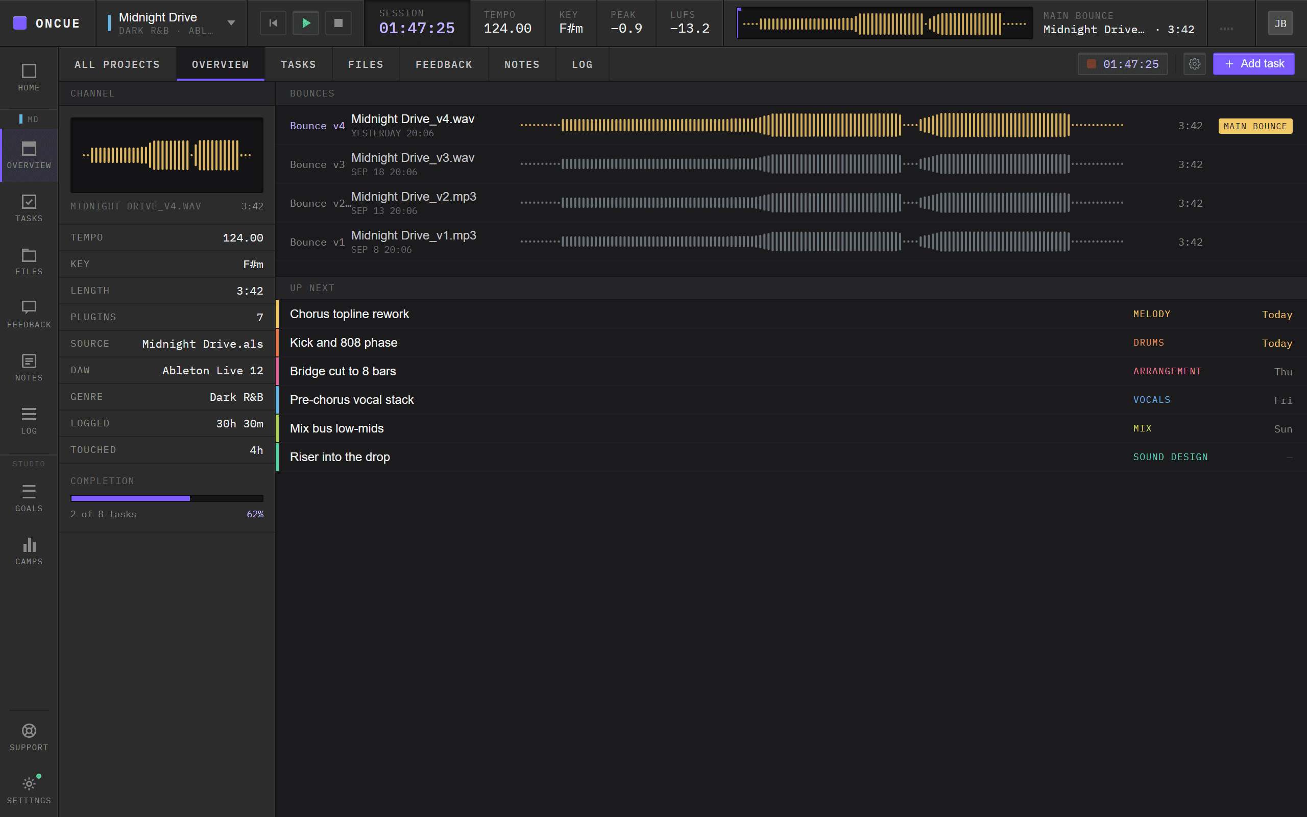 The OnCue desktop app: a project's Overview, with the transport bar, main bounce and bounce history.